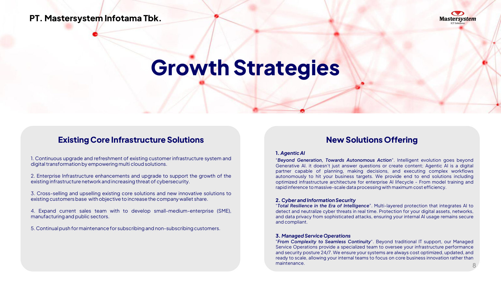 Growth strategy — refresh existing infrastructure and cross-sell new offerings: Agentic AI, cyber security, and managed services.